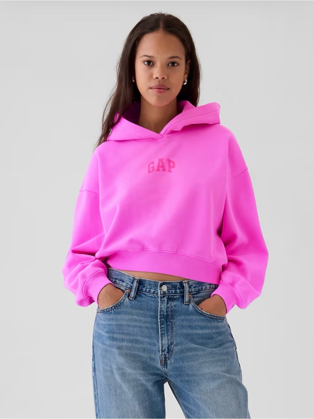 GAP VintageSoft Crop Logo Hoodie Neon Pink Cropped size M